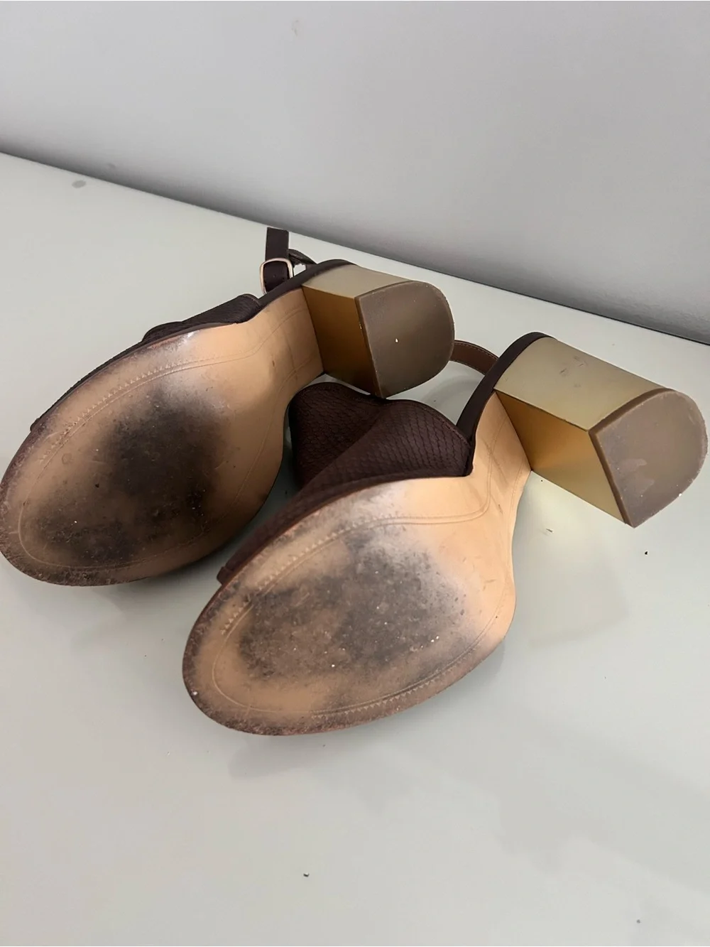 Kelsi Dagger Brown Slingback Heels with Gold Block Heel